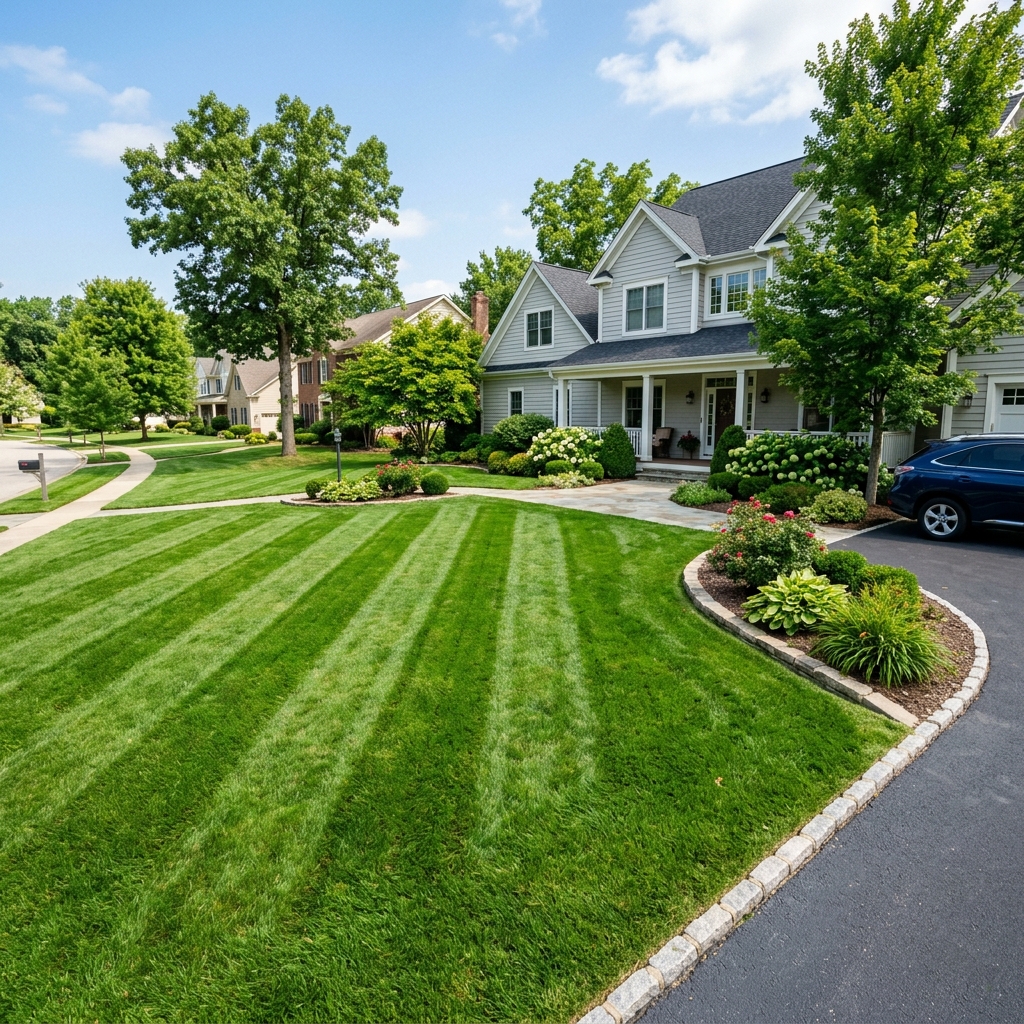 Freshly mowed lawn with professional stripes