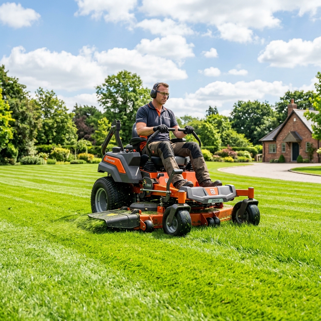 Professional zero-turn lawn mower cutting grass
